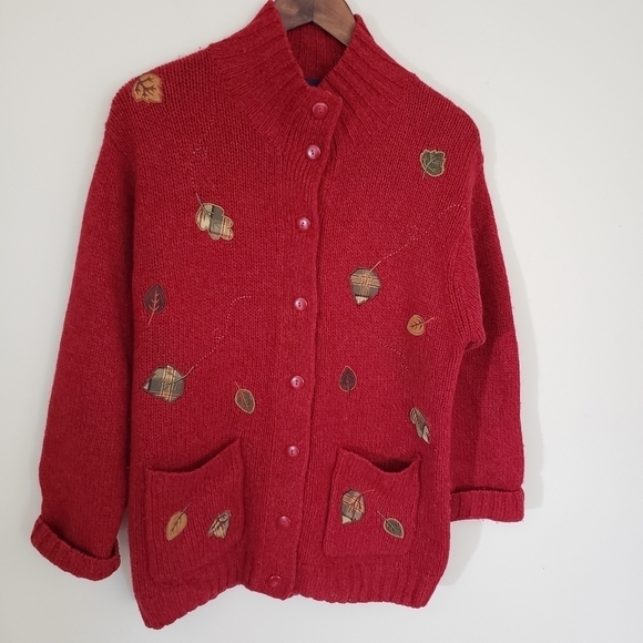 Wool Cardigan Sweater Womens Size Medium Red Embroidered Leaves Vintage Tulchan - Picture 11 of 11